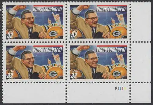 USA Michel 2876 / Scott 3147 postfrisch PLATEBLOCK ECKRAND unten rechts m/ Platten-# P111 - Football-Trainer: Vince Lombardi
