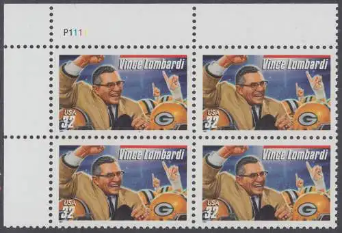 USA Michel 2876 / Scott 3147 postfrisch PLATEBLOCK ECKRAND oben links m/ Platten-# P111 - Football-Trainer: Vince Lombardi