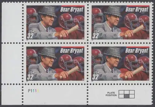 USA Michel 2874 / Scott 3148 postfrisch PLATEBLOCK ECKRAND unten links m/ Platten-# P111 - Football-Trainer: Paul Bryant