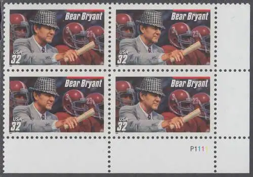 USA Michel 2874 / Scott 3148 postfrisch PLATEBLOCK ECKRAND unten rechts m/ Platten-# P111 - Football-Trainer: Paul Bryant