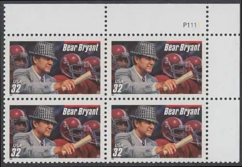 USA Michel 2874 / Scott 3148 postfrisch PLATEBLOCK ECKRAND oben rechts m/ Platten-# P111 - Football-Trainer: Paul Bryant