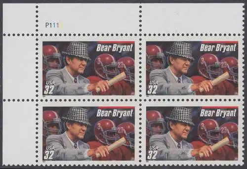USA Michel 2874 / Scott 3148 postfrisch PLATEBLOCK ECKRAND oben links m/ Platten-# P111 - Football-Trainer: Paul Bryant