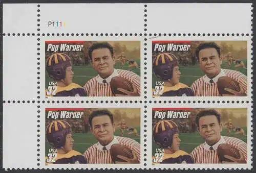 USA Michel 2875 / Scott 3149 postfrisch PLATEBLOCK ECKRAND oben links m/ Platten-# P111 (a1) - Football-Trainer: Pop Warner