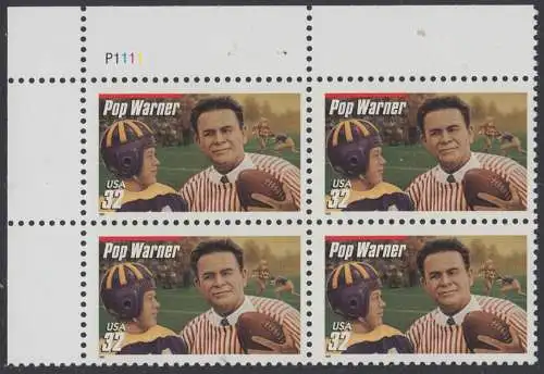 USA Michel 2875 / Scott 3149 postfrisch PLATEBLOCK ECKRAND oben links m/ Platten-# P111 (a2) - Football-Trainer: Pop Warner