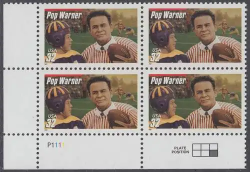 USA Michel 2875 / Scott 3149 postfrisch PLATEBLOCK ECKRAND unten links m/ Platten-# P111 - Football-Trainer: Pop Warner