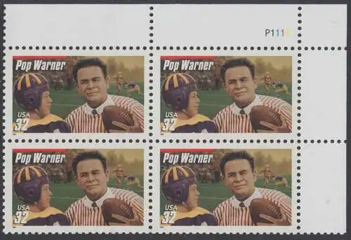 USA Michel 2875 / Scott 3149 postfrisch PLATEBLOCK ECKRAND oben rechts m/ Platten-# P111 - Football-Trainer: Pop Warner