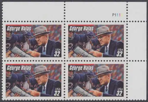 USA Michel 2877 / Scott 3150 postfrisch PLATEBLOCK ECKRAND oben rechts m/ Platten-# P111 - Football-Trainer: George Halas