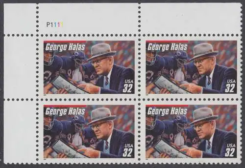 USA Michel 2877 / Scott 3150 postfrisch PLATEBLOCK ECKRAND oben links m/ Platten-# P111 (a1) - Football-Trainer: George Halas