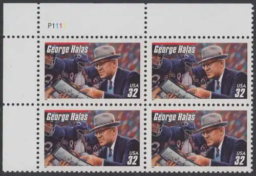 USA Michel 2877 / Scott 3150 postfrisch PLATEBLOCK ECKRAND oben links m/ Platten-# P111 (a2) - Football-Trainer: George Halas