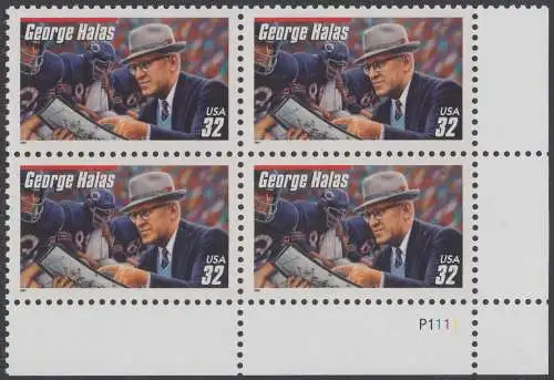 USA Michel 2877 / Scott 3150 postfrisch PLATEBLOCK ECKRAND unten rechts m/ Platten-# P111 - Football-Trainer: George Halas