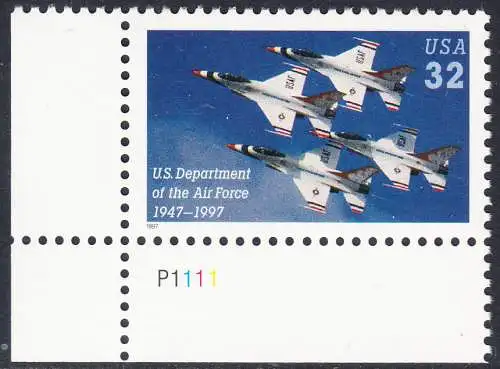USA Michel 2892 / Scott 3167 postfrisch EINZELMARKE ECKRAND unten links m/ Platten-# P111 - 50 Jahre Luftwaffenministerium