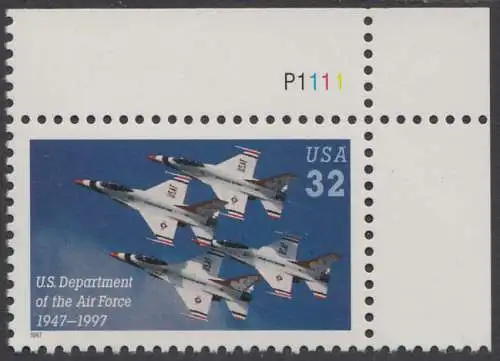 USA Michel 2892 / Scott 3167 postfrisch EINZELMARKE ECKRAND oben rechts m/ Platten-# P111 - 50 Jahre Luftwaffenministerium