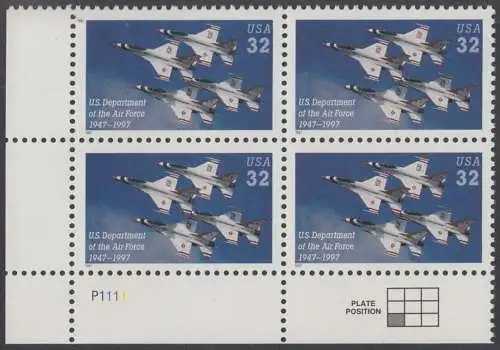 USA Michel 2892 / Scott 3167 postfrisch PLATEBLOCK ECKRAND unten links m/ Platten-# P111 - 50 Jahre Luftwaffenministerium