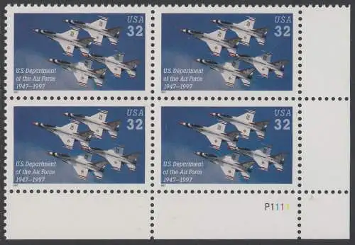 USA Michel 2892 / Scott 3167 postfrisch PLATEBLOCK ECKRAND unten rechts m/ Platten-# P111 - 50 Jahre Luftwaffenministerium