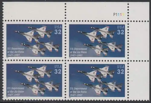 USA Michel 2892 / Scott 3167 postfrisch PLATEBLOCK ECKRAND oben rechts m/ Platten-# P111 - 50 Jahre Luftwaffenministerium