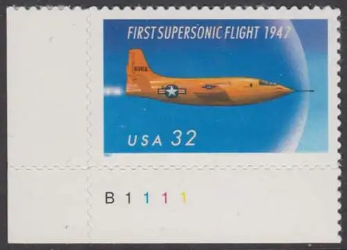 USA Michel 2898 / Scott 3173 postfrisch EINNZELMARKE ECKRAND unten links m/ Platten-# B111 - 50. Jahrestag des ersten Überschallflugs