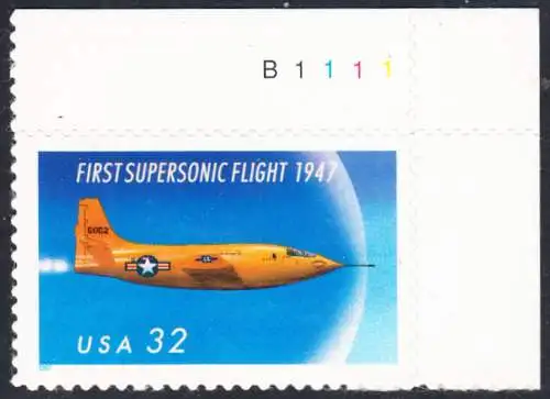 USA Michel 2898 / Scott 3173 postfrisch EINNZELMARKE ECKRAND oben rechts m/ Platten-# B111 - 50. Jahrestag des ersten Überschallflugs