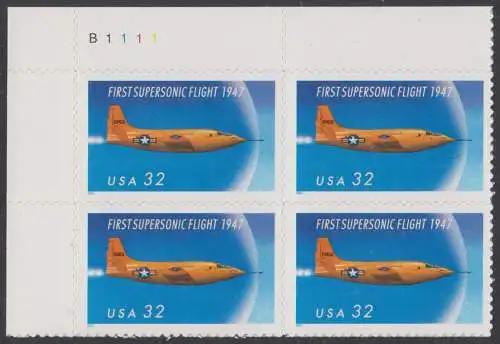 USA Michel 2898 / Scott 3173 postfrisch PLATEBLOCK ECKRAND oben links m/ Platten-# B111 - 50. Jahrestag des ersten Überschallflugs