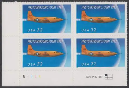 USA Michel 2898 / Scott 3173 postfrisch PLATEBLOCK ECKRAND unten links m/ Platten-# B111 - 50. Jahrestag des ersten Überschallflugs