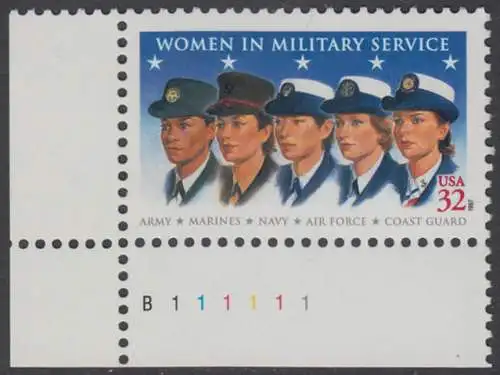 USA Michel 2899 / Scott 3174 postfrisch EINZELMARKE ECKRAND unten links m/ Platten-#  B111111 - Frauen in den Streitkräften