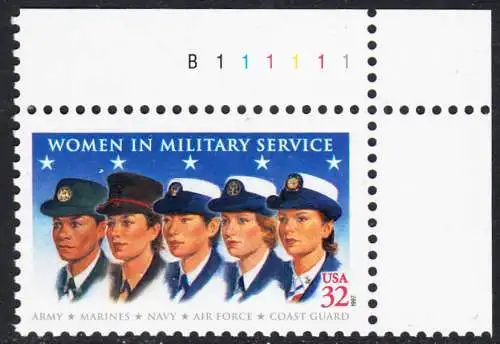 USA Michel 2899 / Scott 3174 postfrisch EINZELMARKE ECKRAND oben rechts m/ Platten-#  B111111 - Frauen in den Streitkräften