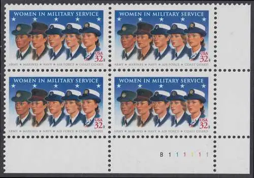USA Michel 2899 / Scott 3174 postfrisch PLATEBLOCK ECKRAND unten rechts m/ Platten-#  B111111 - Frauen in den Streitkräften