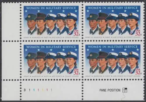 USA Michel 2899 / Scott 3174 postfrisch PLATEBLOCK ECKRAND unten links m/ Platten-#  B111111 - Frauen in den Streitkräften