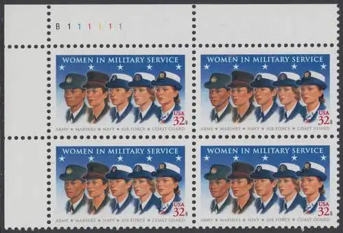 USA Michel 2899 / Scott 3174 postfrisch PLATEBLOCK ECKRAND oben links m/ Platten-#  B111111 - Frauen in den Streitkräften