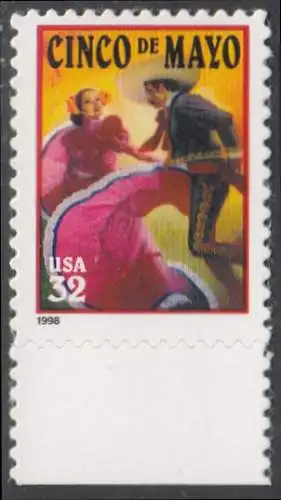 USA Michel 2949 / Scott 3203 postfrisch EINZELMARKE RAND unten (a1) - Lateinamerikanisches Cinco-de-Mayo-Fest; Tanzpaar in mexikanischer Tracht