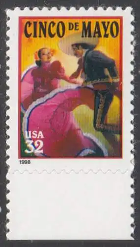 USA Michel 2949 / Scott 3203 postfrisch EINZELMARKE RAND unten (a2) - Lateinamerikanisches Cinco-de-Mayo-Fest; Tanzpaar in mexikanischer Tracht