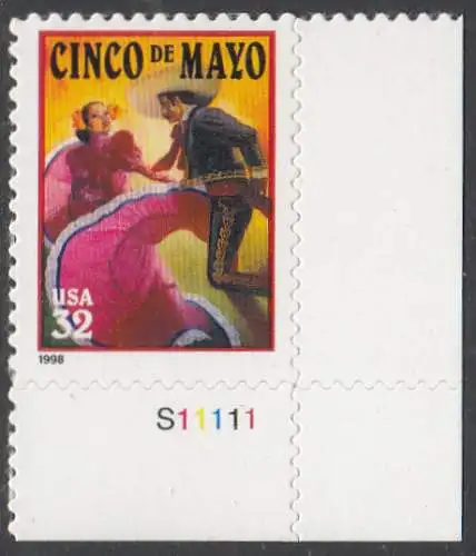 USA Michel 2949 / Scott 3203 postfrisch EINZELMARKE ECKRAND unten rechts m/Platten-# S11111 - Lateinamerikanisches Cinco-de-Mayo-Fest; Tanzpaar in mexikanischer Tracht