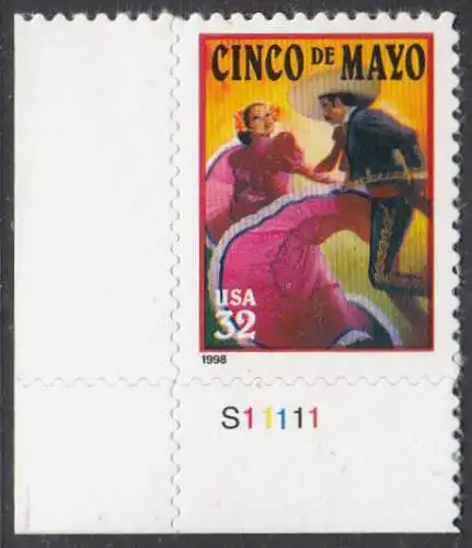 USA Michel 2949 / Scott 3203 postfrisch EINZELMARKE ECKRAND unten links m/Platten-# S11111 - Lateinamerikanisches Cinco-de-Mayo-Fest; Tanzpaar in mexikanischer Tracht