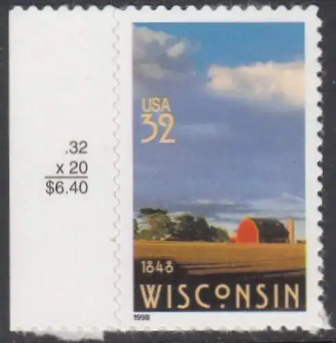 USA Michel 2966 / Scott 3206 postfrisch EINZELMARKE RAND links (a2) - 150 Jahre Staat Wisconsin; Farmlandschaft
