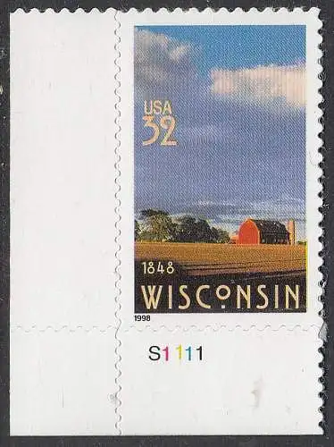 USA Michel 2966 / Scott 3206 postfrisch EINZELMARKE ECKRAND unten links m/ Platten-# S1111 - 150 Jahre Staat Wisconsin; Farmlandschaft
