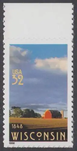 USA Michel 2966 / Scott 3206 postfrisch EINZELMARKE RAND oben - 150 Jahre Staat Wisconsin; Farmlandschaft