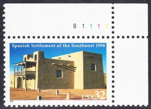 USA Michel 2983 / Scott 3220 postfrisch EINZELMARKE ECKRAND oben rechts m/ Platten-# B1111 (a2) - 400 Jahre spanische Besiedlung im Südwesten der USA; La Mision de San Gabriel in Española, New Mexico