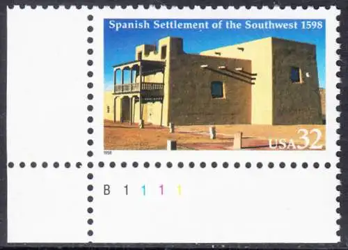 USA Michel 2983 / Scott 3220 postfrisch EINZELMARKE ECKRAND unten links m/ Platten-# B1111 - 400 Jahre spanische Besiedlung im Südwesten der USA; La Mision de San Gabriel in Española, New Mexico