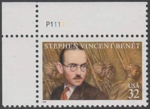 USA Michel 2989 / Scott 3221 postfrisch EINZELMARKE ECKRAND oben links m/ Platten-# P111 - 100. Geburtstag von Stephen Vincent Benét, Schriftsteller