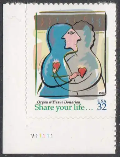 USA Michel 2997 / Scott 3227 postfrisch ÈINZELMARKE ECKRAND unten links m/ Platten-# V11111 - Aufruf zur Organ- und Gewebespende