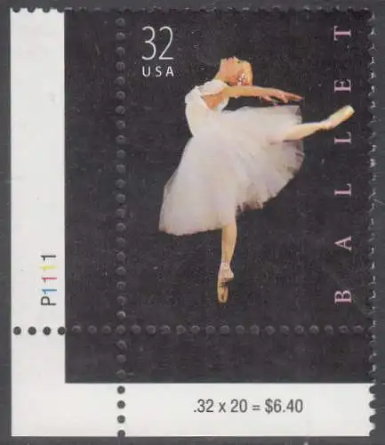 USA Michel 3042 / Scott 3237 postfrisch EINZELMARKE ECKRAND unten links m/ Platten-# P1111 - Amerikanisches Ballett; Klassische Ballettänzerin