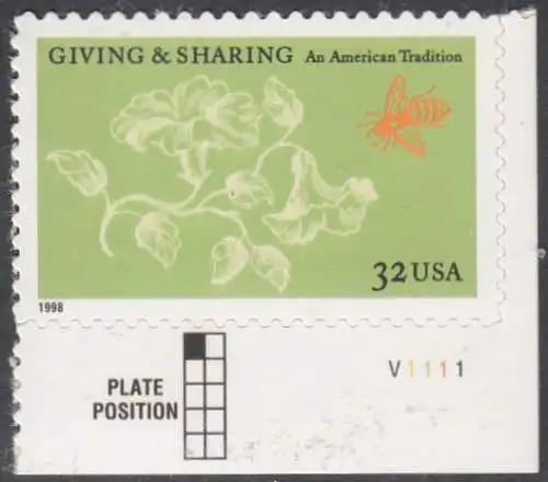 USA Michel 3049 / Scott 3243 postfrisch EINZELMARKE ECKRAND unten rechts m/ Platten-# V1111 - Aufruf zur Philanthropie