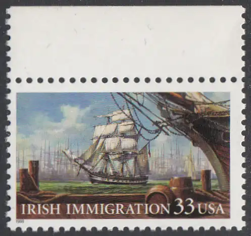 USA Michel 3092 / Scott 3286 postfrisch EINZELMARKE RAND oben - Irische Einwanderung in die Vereinigten Staaten von Amerika; Auswandererschiff im 19. Jahrhundert