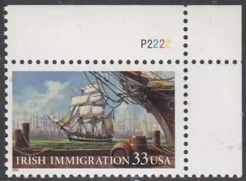 USA Michel 3092 / Scott 3286 postfrisch EINZELMARKE ECKRAND oben rechts m/ Platten-# P2222 - Irische Einwanderung in die Vereinigten Staaten von Amerika; Auswandererschiff im 19. Jahrhundert