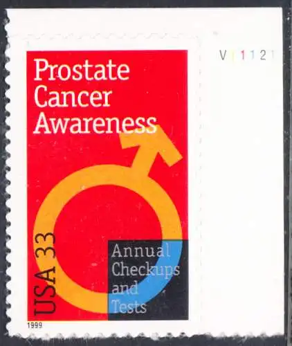 USA Michel 3138 / Scott 3315 postfrisch EINZELMARKE ECKRAND oben rechts m/ Platten-# V11121 - Aufruf zur Prostatakrebsvorsorge
