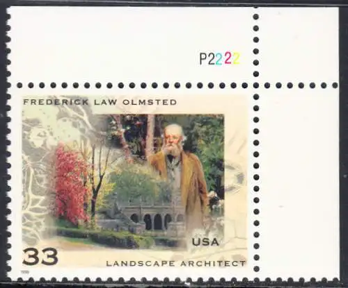 USA Michel 3164 / Scott 3338 postfrisch EINZELMARKE ECKRAND oben rechts m/ Platten-# P2222 - Frederick L. Olmsted; Landschaftsarchitekt