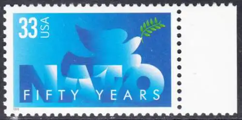 USA Michel 3214 / Scott 3354 postfrisch EINZELMARKE RAND rechts - 50 Jahre Nordatlantikpakt (NATO); Friedenstaube