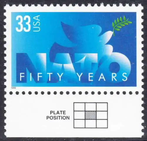 USA Michel 3214 / Scott 3354 postfrisch EINZELMARKE RAND unten - 50 Jahre Nordatlantikpakt (NATO); Friedenstaube