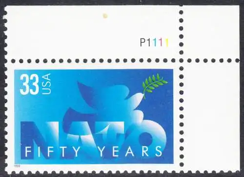 USA Michel 3214 / Scott 3354 postfrisch EINZELMARKE ECKRAND oben rechts m/ Platten-# P1111 - 50 Jahre Nordatlantikpakt (NATO); Friedenstaube