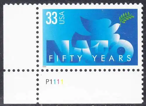 USA Michel 3214 / Scott 3354 postfrisch EINZELMARKE ECKRAND unten links m/ Platten-# P1111 - 50 Jahre Nordatlantikpakt (NATO); Friedenstaube