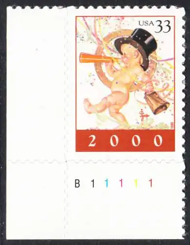 USA Michel 3241 / Scott 3369 postfrisch EINZELMARKE ECKRAND unten links m/ Platten-# B11111 - Eintritt in das Jahr 2000: Glückssymbole